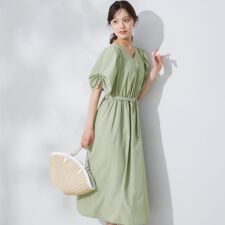 【マシンウォッシャブル・二の腕カバー】ウエストベルトVネックワンピース