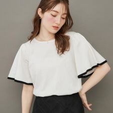 【フェミニン・5分袖・通勤】配色フレアスリーブニット