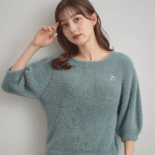 【着映え・5分袖・フェミニン】ラメフェザー半袖ニット