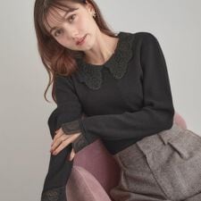 クチュールブローチ(Couture Brooch)の【着映え・フェミニン・通勤】レース衿カフス付きリブニット