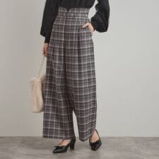 【大人可愛い】起毛先染めチェック柄 スカラウエスト ワイドパンツ