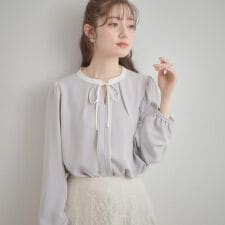 【洗える・ハレの日・通勤】配色 細リボンタイ ブラウス
