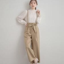 【洗える・通勤】ウエストリボン サスペンダー付きワイドパンツ