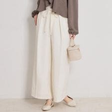 【洗える・S-LL】細リボンデザイン タックワイドパンツ