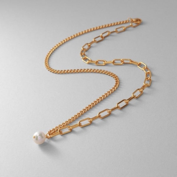 シルバー ミックスチェーン ケーブル・カーブ パールネックレス GP