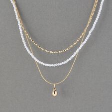 パール×ドロップメタル3連ネックレス　ゴールド