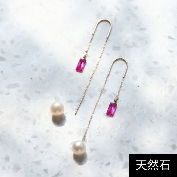 K10】淡水パール＆ルビーチェーンピアス/天然石/2way | ジュピター
