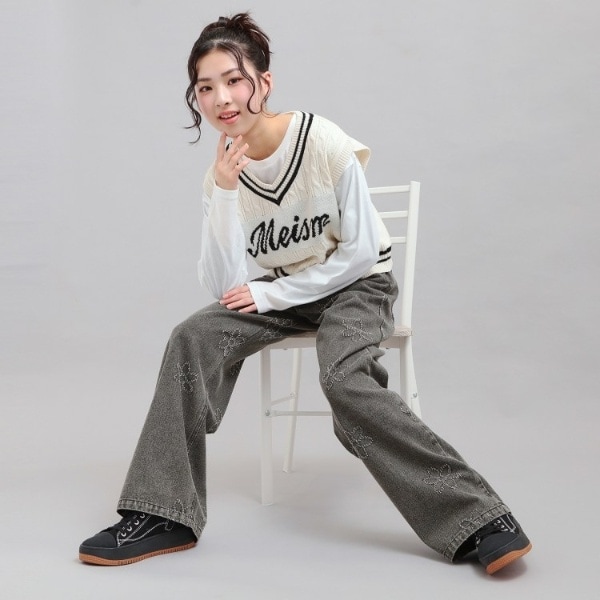 フラワー柄デニムロングパンツ