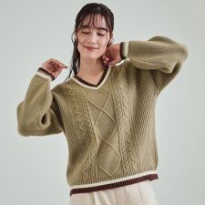 大人レトロ 配色ラインVネックケーブルニット