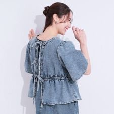 【前後2WAYセットアップ可】ライトオンスデニム ペプラムリボントップス