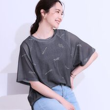 【洗えるS-LL】ゆるっとこなれ見え 総柄プリント シアーTシャツ