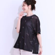 【洗えるS-LL】ゆるっとこなれ見え 総柄プリント シアーTシャツ