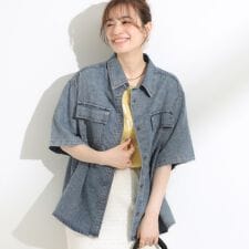 【S-LL】こなれ感ある着こなしに ケミカルウォッシュ5分袖デニムシャツ