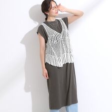 【2点セット】クロシェ編みレースベスト＋Tシャツワンピースセット