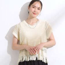 【S-LL】裾フリンジマクラメVネックニット