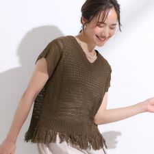 【S-LL】裾フリンジマクラメVネックニット