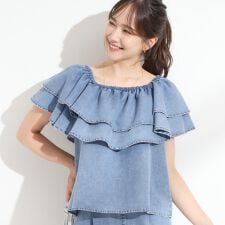 【セットアップ可前後2WAYオフショル2WAY】着こなしを楽しめる デニムフリルブラウス