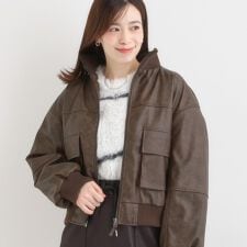 【S-LL】大人綺麗 レザー調リブブルゾン