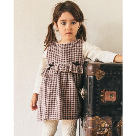 お揃い 】 ベロア 千鳥 柄 フリル リボン ワンピース ベビー （80  