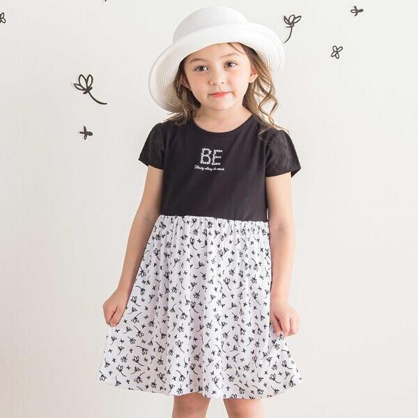 BeBe べべ　日本製フラワー刺繍ヘリンボーンワンピース 130cm【新品】 BeBe べべ 日本製フラワー刺繍ヘリンボーンワンピース 130cm【新品】