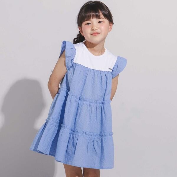 BeBe べべ　日本製フラワー刺繍ヘリンボーンワンピース 130cm【新品】 日本製 6色 フラワー 刺繍 ヘリンボーン ワンピース