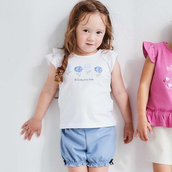 フリルレイヤードお花モチーフ天竺Tシャツ+ブルマセット(80~90cm