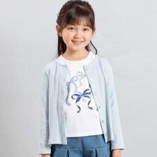ランダムリブ長袖カーディガン+天竺リボンプリント半袖Tシャツセット(90~150cm)