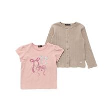 ランダムリブ長袖カーディガン+天竺リボンプリント半袖Tシャツセット(90~150cm)
