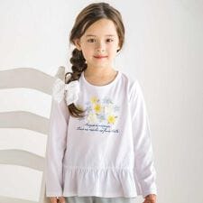 【抗菌防臭・UVカット】ペプラムフリルフラワーモチーフ天竺長袖Tシャツ(90~130cm)