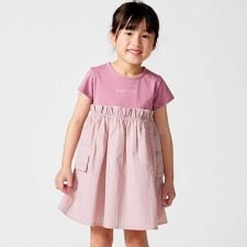 タフタ×天竺ギャザー切り替え半袖ワンピース(80~150cm)