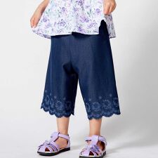 シャンブレー裾スカラップ刺しゅう6分丈ワイドパンツ(90~160cm)
