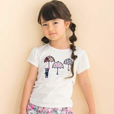 【お揃い】天竺花柄チェックパッチパフスリーブ半袖Tシャツ(80~130cm)