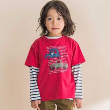 車プリント天竺半袖Tシャツ＋ボーダー柄長袖Tシャツセット(80~130cm)