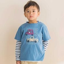 車プリント天竺半袖Tシャツ＋ボーダー柄長袖Tシャツセット(80~130cm)