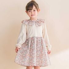 【お揃い】花柄付け襟＋花柄切り替えスムース長袖ワンピース(80~130cm)