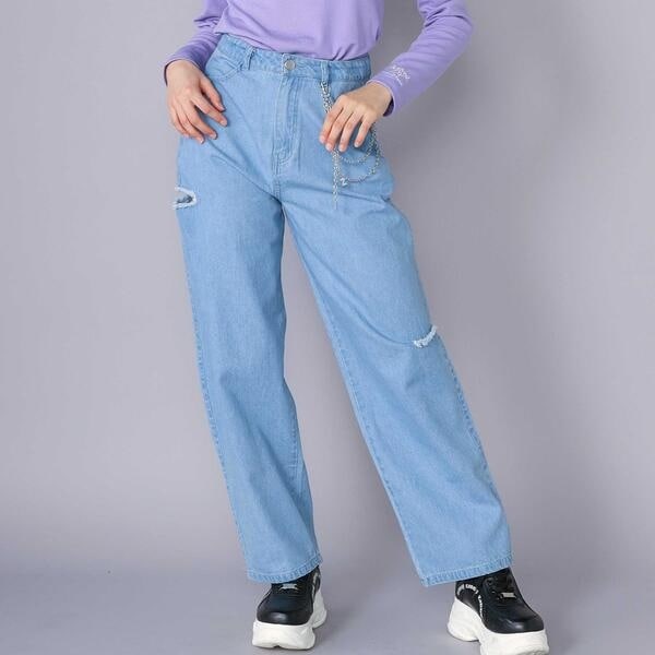 ニコ☆プチ 掲載 】チャーム付きサイドカットアウトデニムパンツ