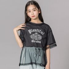 レイヤード風 シアーチュール ラメロゴTシャツ(130~160cm)