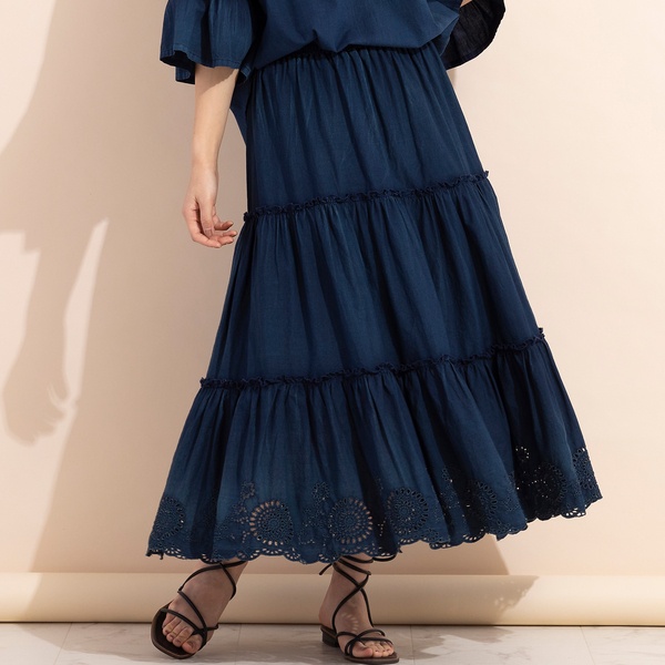 【デニムローン】マキシ丈刺繍ティアードスカート