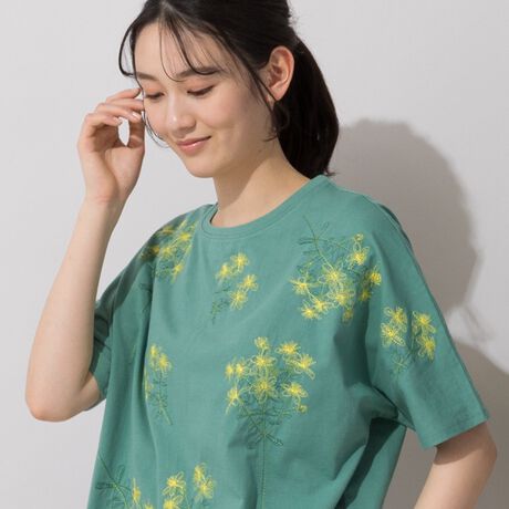 フラワー刺繍・サイドスリットTシャツ（グリーン） | ピサーノ(PISANO 