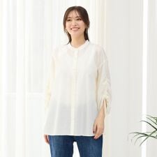 【手洗いOK・綿100％・セットアップ対応】ミラクルウェーブ袖ドロストブラウス
