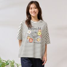 【手洗いOK・綿100％】フラワープリント＆刺繍カットソー