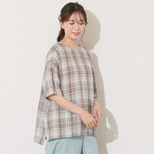ピサーノ(PISANO)の【手洗いOK】キュプラチェック・ノーカラーブラウス