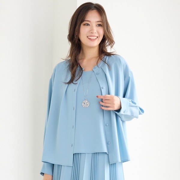 ピサーノ　グレーとライトブルーのロングコートとブラウス二枚セット　ピサーノ Jackal 140sソフトメルトン Pコート （ピーコート）｜L size