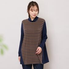 【手洗いOK・保温・吸湿発熱】ボーダー×無地ハイネックカットソー