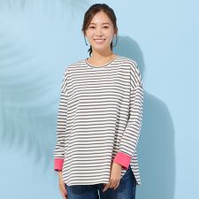 【手洗いOK・綿100％・接触冷感・紫外線防止】ラウンドヘムボーダートップ