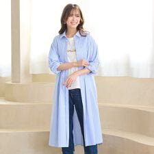 【手洗いOK】ストライプ・フロントタックシャツワンピース