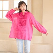 【手洗いOK】コットンリネン・フロントフリルブラウス