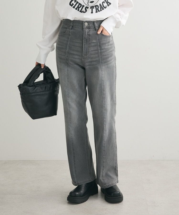 GUMストレッチデニムセンター切替ストレートフレアパンツ | グリーン