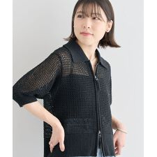 襟付きメッシュ編みZIPカーディガン
