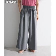 麻調ウエストギャザーフレアワイドパンツ